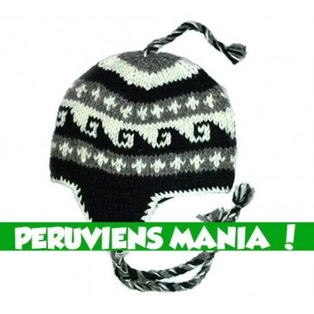 Bonnet péruvien vagues (noir &gris clair & blanc)
