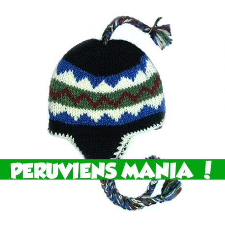 Bonnet péruvien zigzag (noir & bleu & vert & rouge)